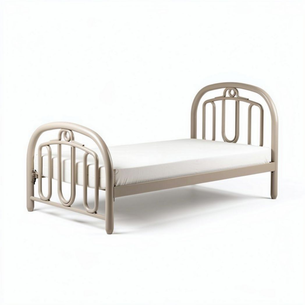 Metal frame twin bed in neutral beige finish with enclosed sides 195 x 95 x 80cm
