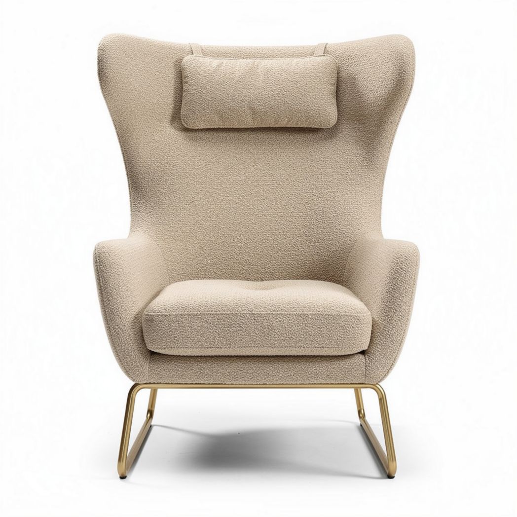 Beige upholstered armchair with gold metal legs and headrest 85 x 80 x 110cm