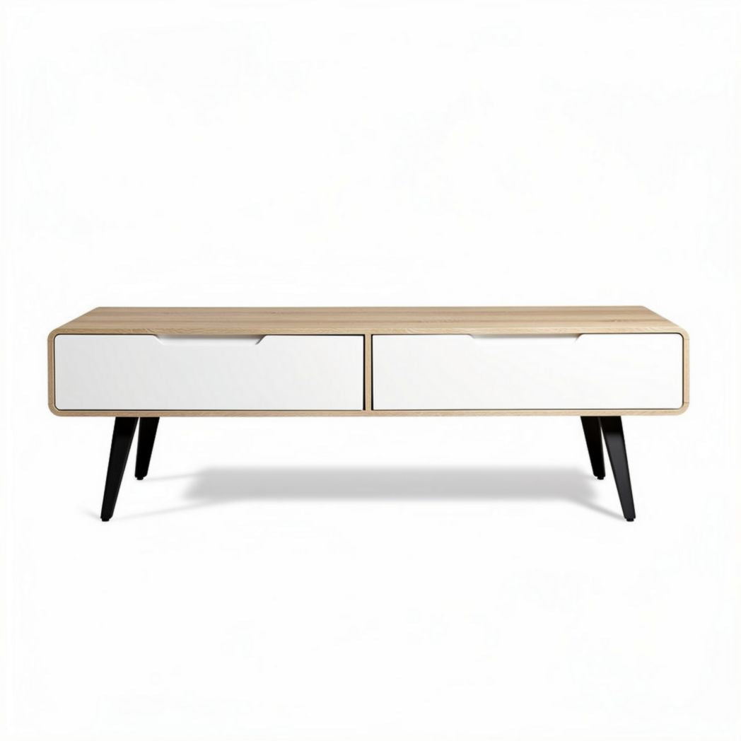 Wooden coffee table with two drawers and black legs 120 x 40 x 45cm