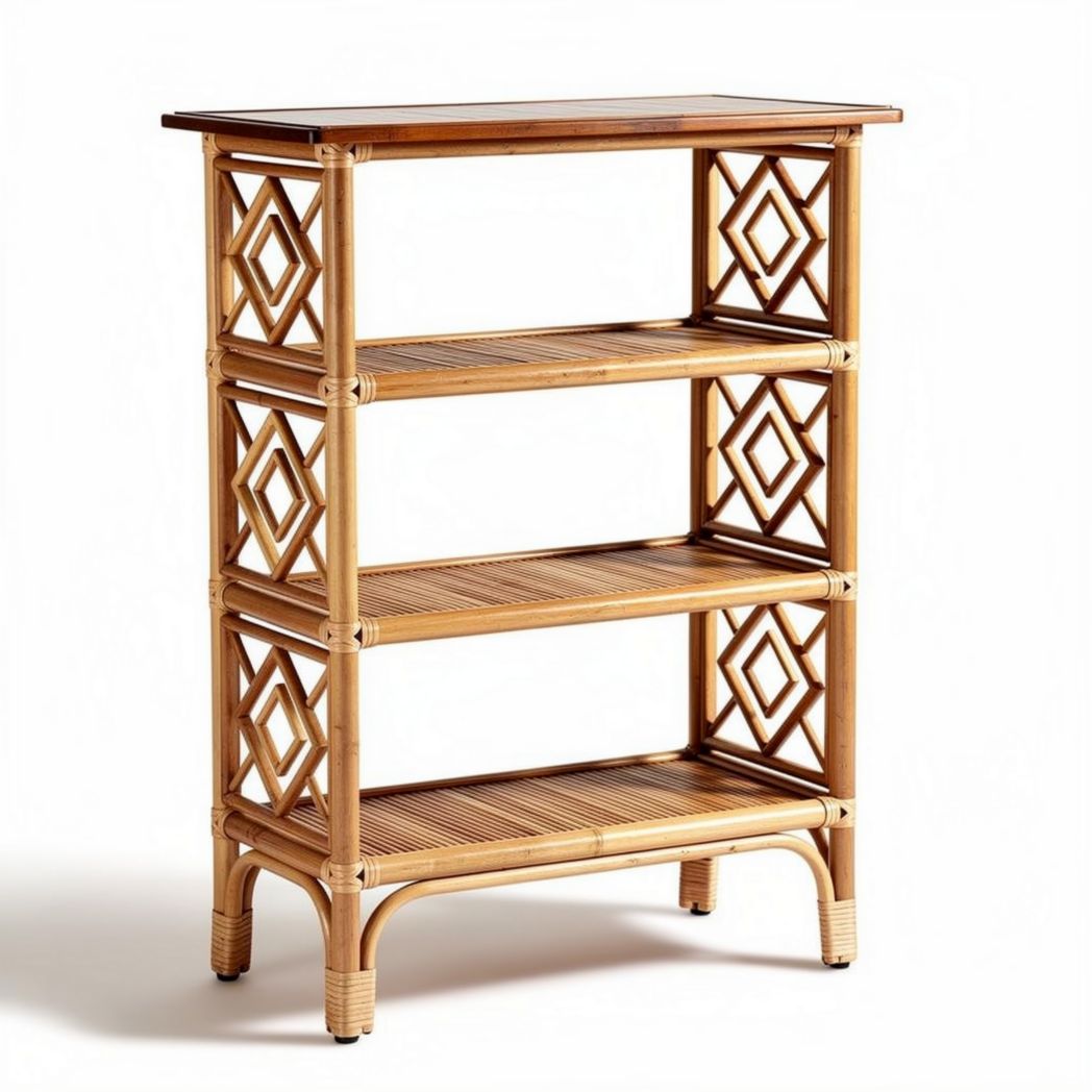 Rattan shelving unit with three open tiers for storage and display 80 x 40 x 100cm