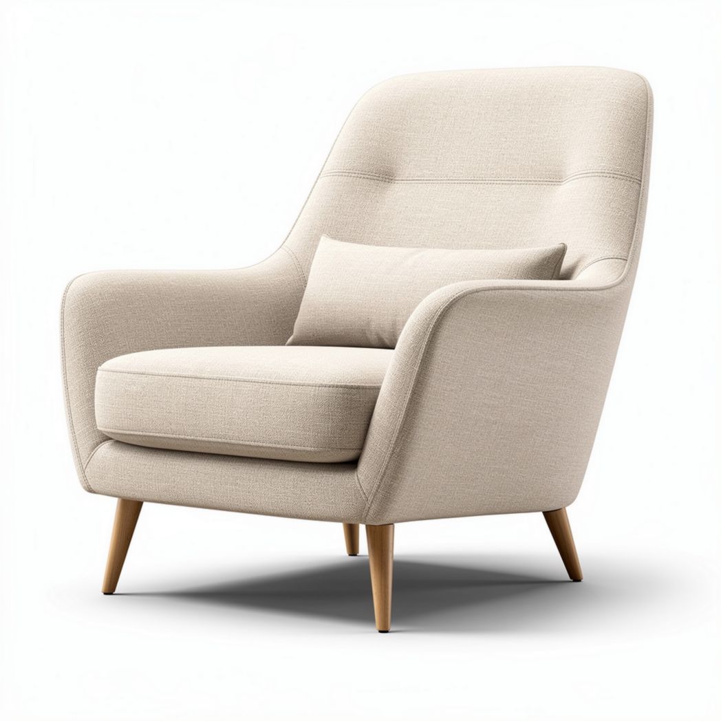 Beige fabric lounge chair with cushioned seat and wooden legs 80 x 80 x 90cm