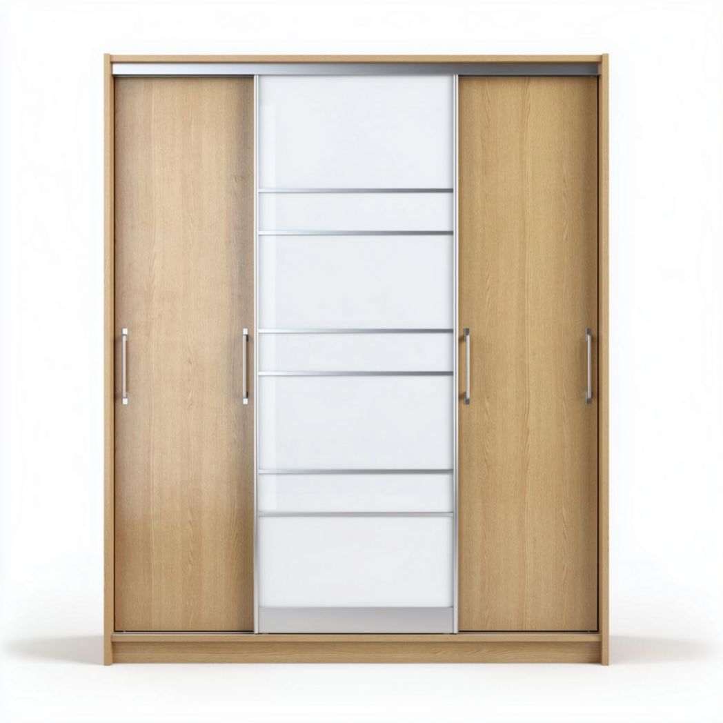 Wooden wardrobe with sliding doors and five drawers in oak finish 150 x 200 x 60cm