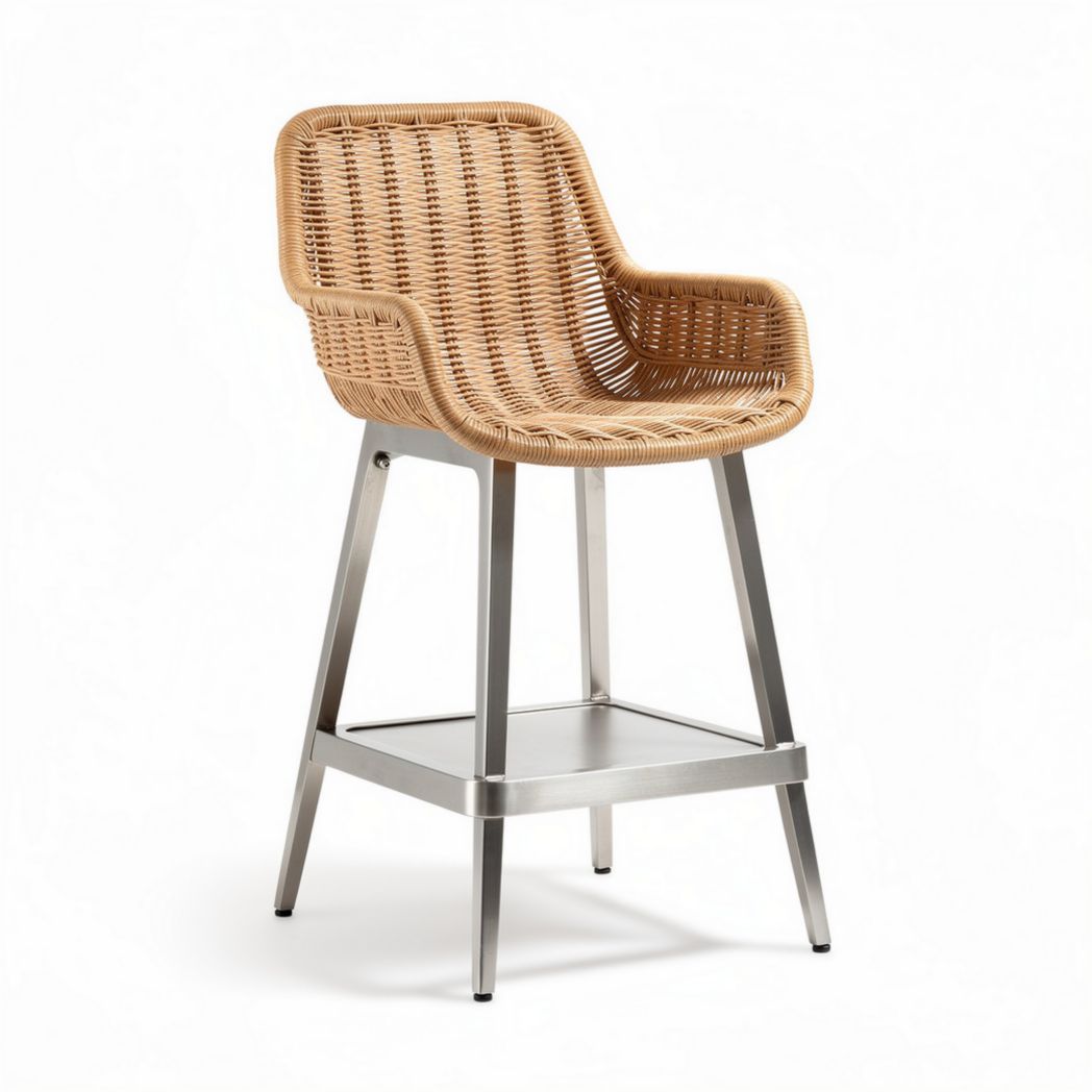 Woven rattan bar stool with metal frame and armrests for indoor or outdoor use