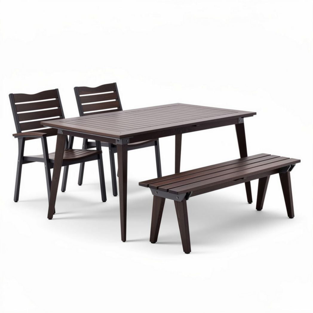 Wooden dining table set with two chairs and a bench in dark brown color