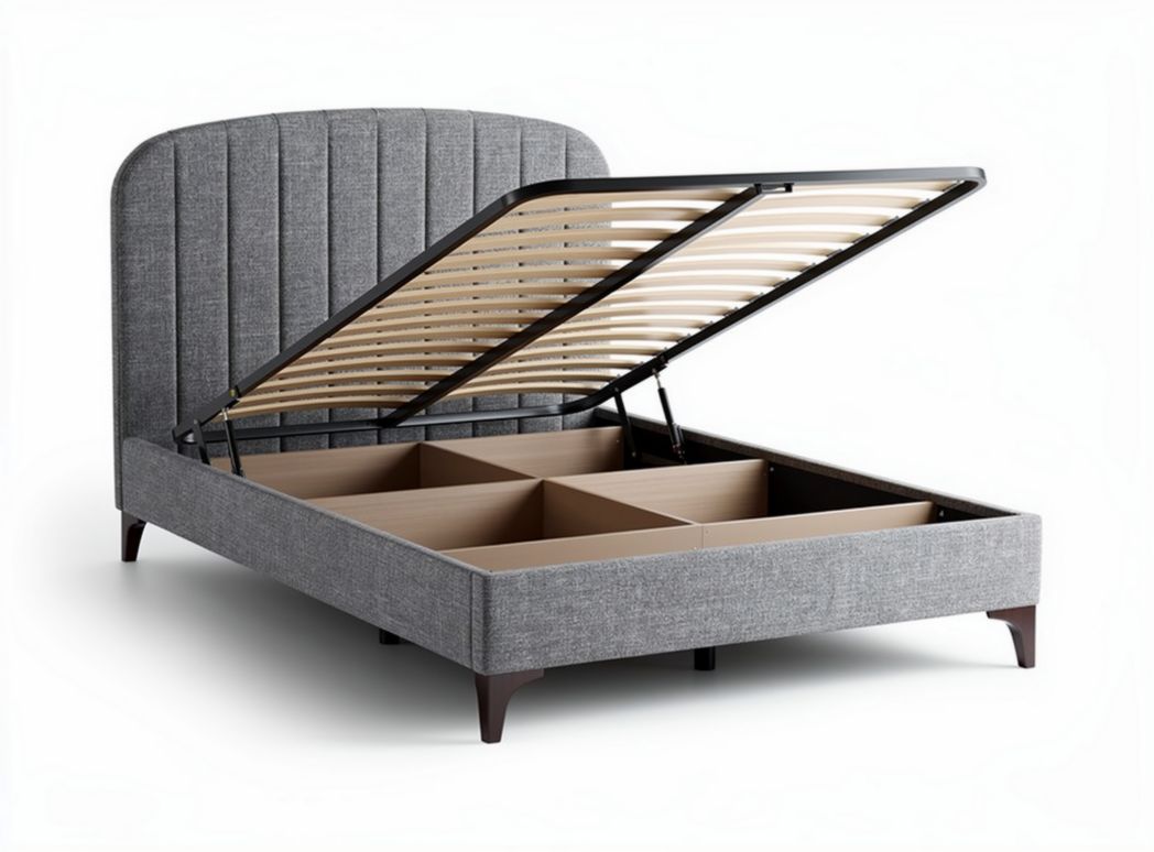 Upholstered storage bed frame with lift top in gray fabric 200 x 160 x 100cm